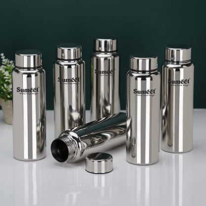 Sumeet Stainless Steel Jointless Akhand Leak-Proof Water Bottle / Fridge Bottle - 800ML Pack of 6, Silver