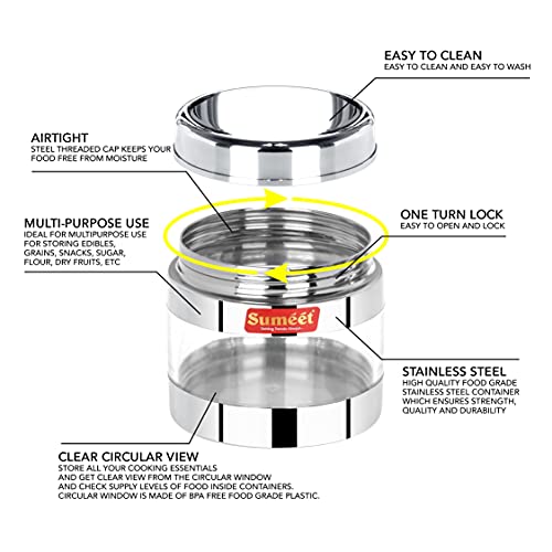 Sumeet Stainless Steel Circular See Through/Transparent Container, Set of 6Pc, 600 Mleach, 11.5cm Dia - Silver