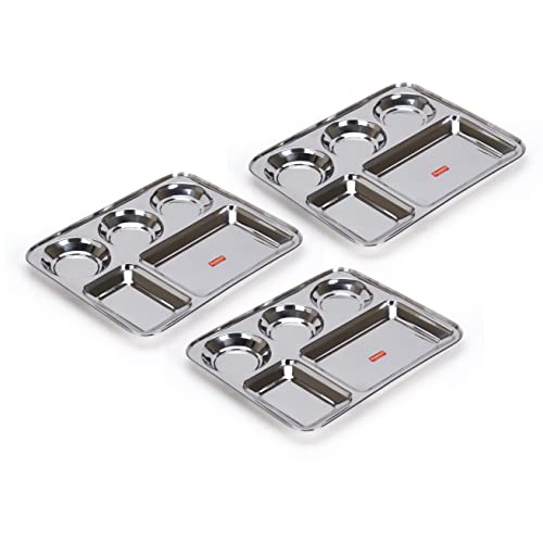 Sumeet Stainless Steel Rectangular 5 in 1 Compartment Lunch / Dinner Plate Set of 3Pcs, 33.5cm Dia, Silver