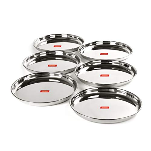 Sumeet Stainless Steel Heavy Gauge Deep Wall Dinner Plates with Mirror Finish 29cm Dia - Set of 6pc