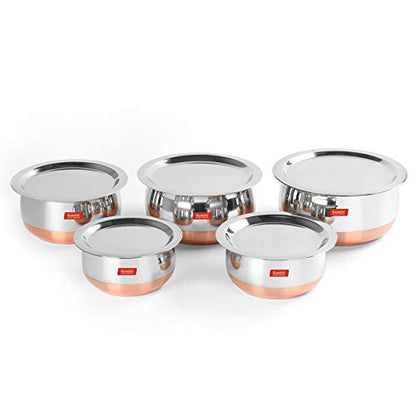 Sumeet Stainless Steel Copper Bottom Belly Shape 5 Pc Tope / Cookware/ Pot Set with Lid 1.1Ltr, 1.4Ltr 1.75Ltr, 2.4Ltr, 3Ltr (Silver)