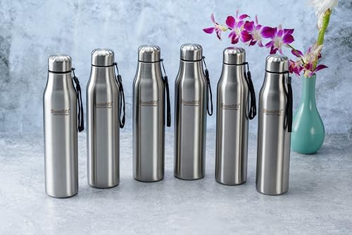 Sumeet Alpha-Aqua Stainless Steel Leak Proof Water Bottle Office/School/College/Gym/Picnic/Home/Fridge - 1 Litre |Pack of 6| Silver