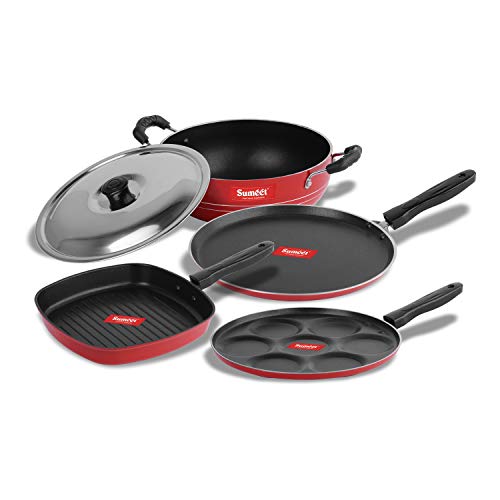 Sumeet 2.6mm Thick Non-Stick Sienna Cookware Set (Dosa Tawa – 26.5cm Dia + Multi Snack Maker – 26.5cm Dia + Kadhai with Lid – 1.5Ltr Capacity- 20cm Dia + Grill Pan – 1.1Ltr Capacity – 22cm Dia)