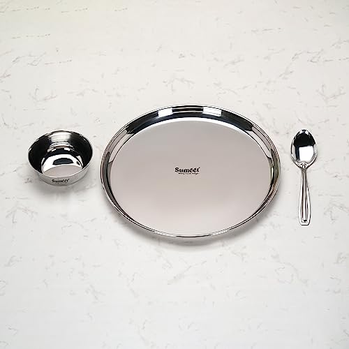 Sumeet Stainless Steel Heavy Gauge Mirror Finish Dinner Set of 3 Pcs (1 Plate, 1 Bowl/Wati, 1 Spoon), Silver