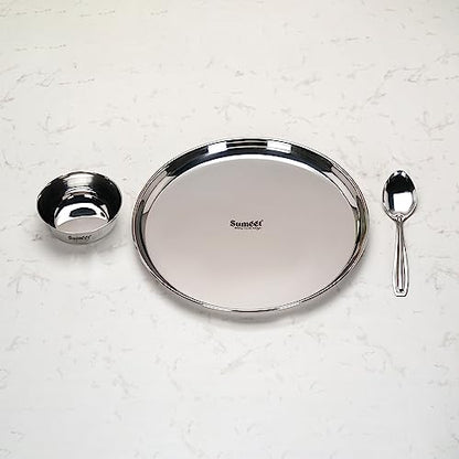 Sumeet Stainless Steel Heavy Gauge Mirror Finish Dinner Set of 3 Pcs (1 Plate, 1 Bowl/Wati, 1 Spoon), Silver