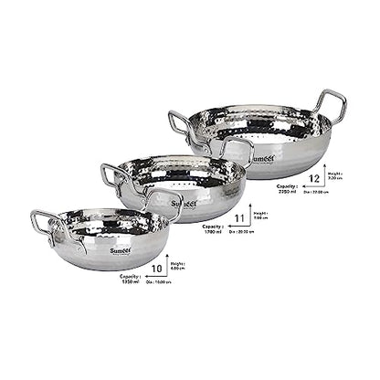 Sumeet Stainless Steel Handcrafted Hammered Mathar Kadai for Kitchen, 1350ML, 1700ML & 2250ML, 18cm, 20cm & 22cm Dia, Pack of 3, Silver