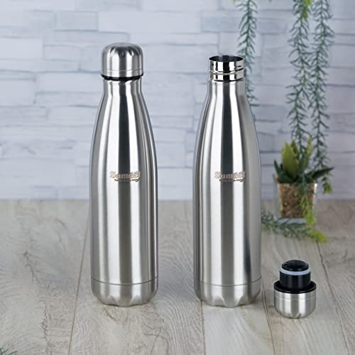 Sumeet Stainless Steel Double Walled Flask / Water Bottle, 24 Hours Hot and Cold, 500 ml, Silver - Set of 2 Pcs