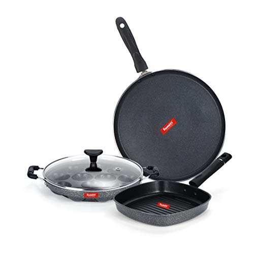 Sumeet NonStick Harmaa Cookware Set (Dosa Tawa - 26.5Cm Dia + Grill Appam Patra with Glass Lid - 12 Cavity - 22cm Dia + Grill Pan-22cm Dia)