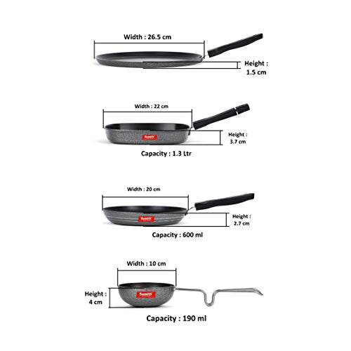 Sumeet NonStick Beltza Cookware Set (Dosa Tawa - 26.5Cm Dia + Grill Pan-22cm Dia + Tapper pan - 0.6Ltr - 20Cm Dia + Waghariya/Tadka pan - 190Ml - 10Cm Dia)