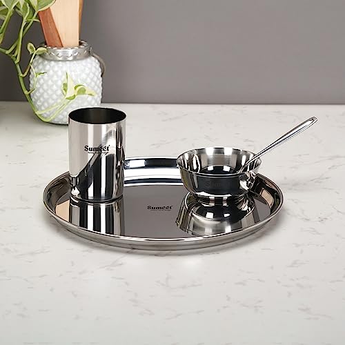 Sumeet Stainless Steel Heavy Gauge Mirror Finish Dinner Set of 4 Pcs (1 Plate, 1 Bowl/Wati, 1 Glass, 1 Spoon), Silver