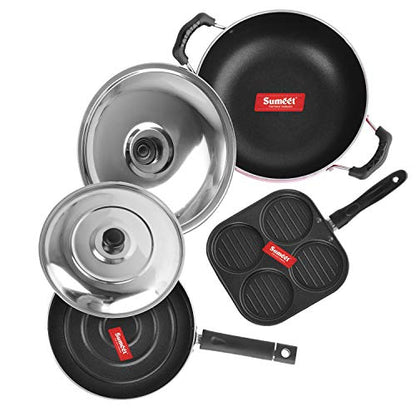 Sumeet 2.6mm Thick Non-Stick Fiona Combo Set (Mini Multi Snack Maker – 19.5cm Dia + Kadhai with Lid – 1.5Ltr Capacity- 20cm Dia + Pizza Pan – 23cm Dia)