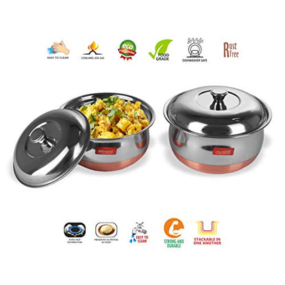 Sumeet Stainless Steel Copper Bottom Multipurpose Cook & Serve Handi with Lid - 2 Pcs Set (1.1 LTR, 1.3 LTR)