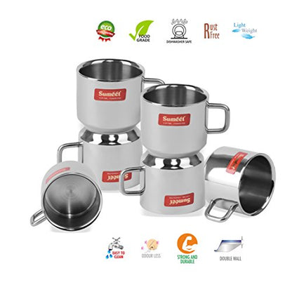 Sumeet Stainless Steel Double Wall Tea and Coffee Cups Set of 6Pcs (120 Ml Each)