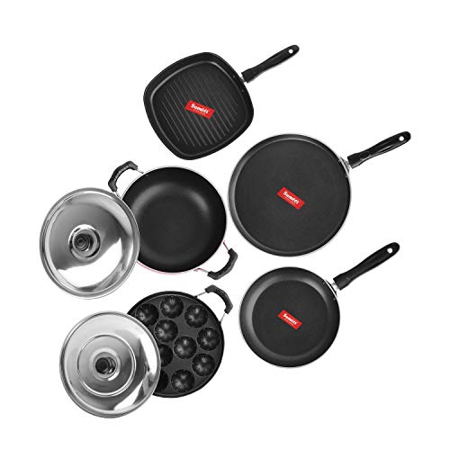 Sumeet 2.6mm Thick Non-Stick Red Spark Cookware Set (Dosa Tawa – 26.5cm Dia + Kadhai with Lid – 1.5Ltr + Grill Appam Patra with Lid – 23cm Dia + Grill Pan – 1.1Ltr + Tapper pan – 20cm Dia)