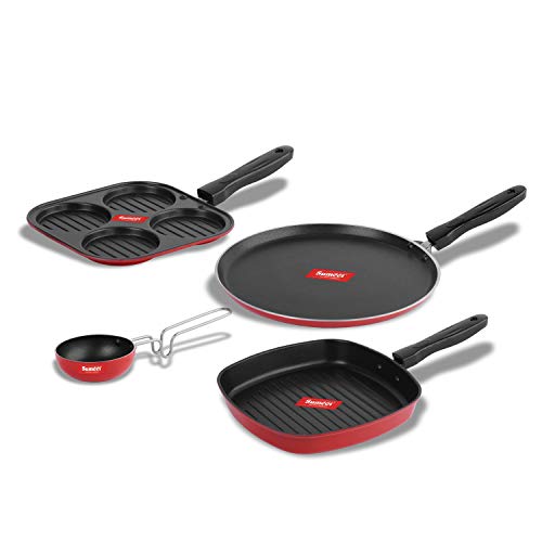 Sumeet 2.6mm Thick Non-Stick Russu Cookware Set (Dosa Tawa – 26.5cm Dia + Mini Multi Snack Maker – 19.5cm Dia + Grill Pan – 1.1Ltr Capacity – 22cm Dia + Tadka Pan – 10cm Dia)