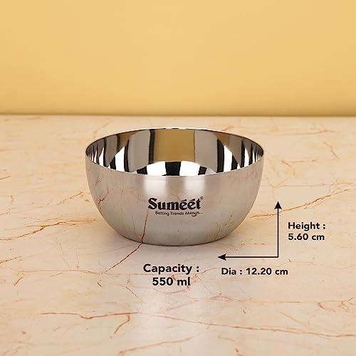 Sumeet Heavy Gauge Stainless Steel Big Size Apple Bowl/Wati/Katori with Mirror Finish – 12.2cm Dia, Set of 6pc, 550ML Each, Silver