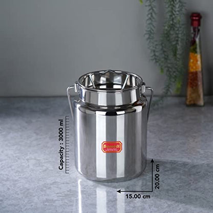 Sumeet Stainless Steel Akhand - Jointless Milk Can/Oil Can/Milk Barni/Oil Pot with Lid, 3000ML Capacity, 15Cm Dia, Silver