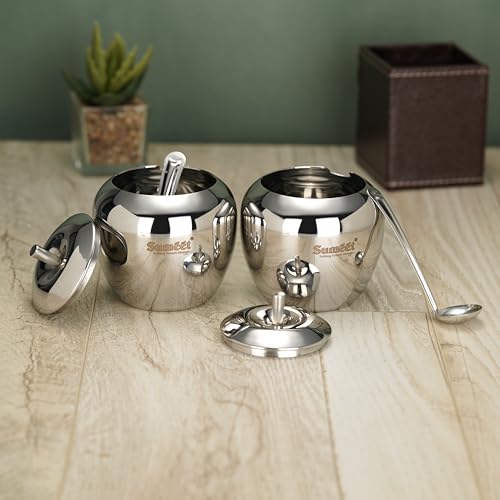 Sumeet Stainless Steel Apple Shape Ghee and Oil Pot, Storage Container with Spoon for Kitchen, 7.5cm Dia, 220ML - Silver (Pack of 2)
