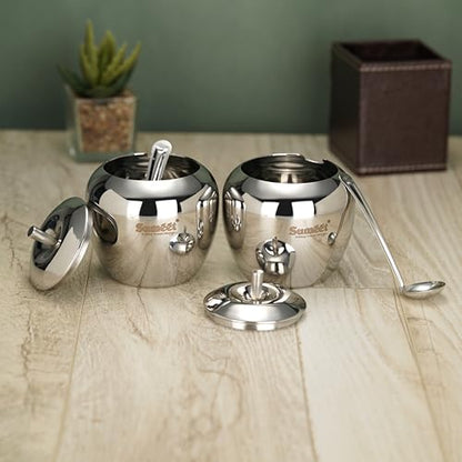 Sumeet Stainless Steel Apple Shape Ghee and Oil Pot, Storage Container with Spoon for Kitchen, 7.5cm Dia, 220ML - Silver (Pack of 2)
