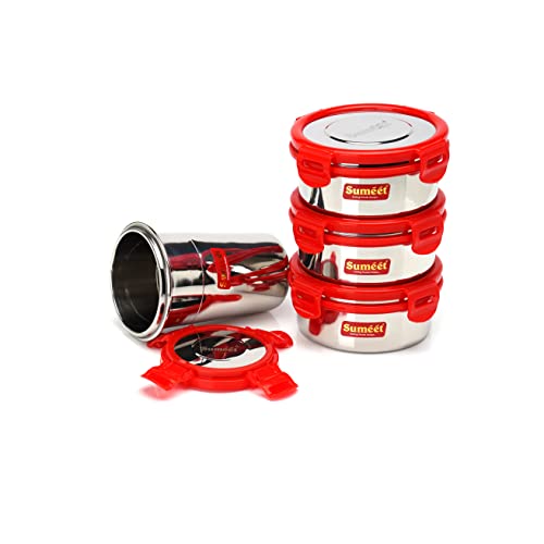 Sumeet Red Meal Statinless Steel Lunch Box Combo 3 Container (350Ml), 1 Tumbler (400Ml)