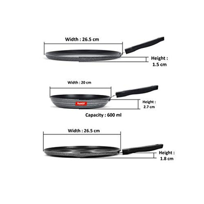 Sumeet NonStick Llwyd Cookware Set (Dosa Tawa - 26.5Cm Dia + Tapper pan - 0.6Ltr - 20Cm Dia + Multi Snack Maker - 7 Cavity - 26.5Cm Dia)