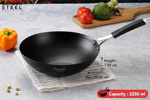 Sumeet Super Smooth Pre Seasoned Carbon Steel (Iron) Deep Wok for Cooking and Deep Frying|Naturally Nonstick |25cm | 2250ml, Gas & Induction-Friendly, Black