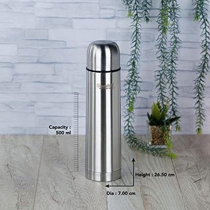 Sumeet Stainless Steel Double Walled Flask / Water Bottle, with Flip Lid, 24 Hours Hot and Cold, 500 ml, Silver - Set of 2 Pcs