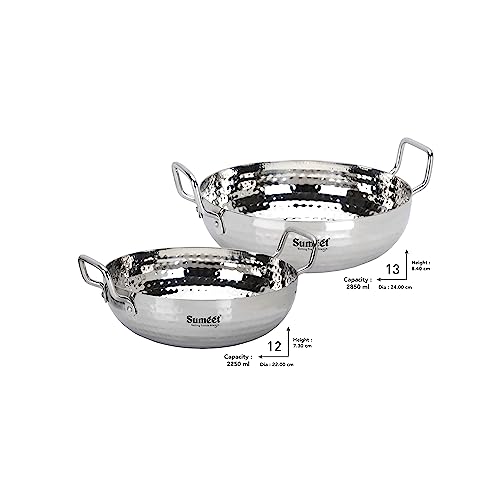 Sumeet Stainless Steel Handcrafted Hammered Mathar Kadai for Kitchen, Medium & Big Size, 2250ML & 2850ML, 22cm & 24cm Dia, Pack of 2, Silver