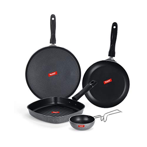 Sumeet NonStick Beltza Cookware Set (Dosa Tawa - 26.5Cm Dia + Grill Pan-22cm Dia + Tapper pan - 0.6Ltr - 20Cm Dia + Waghariya/Tadka pan - 190Ml - 10Cm Dia)