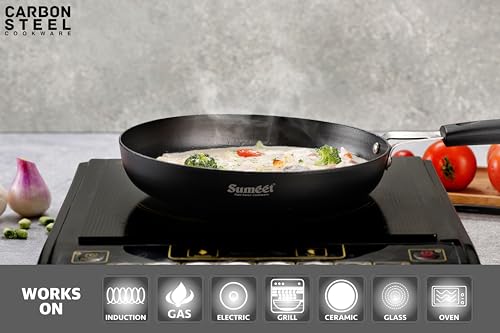 Sumeet Super Smooth Pre Seasoned Carbon Steel (Iron) Fry Pan for Frying, Roasting, Saute|Naturally Nonstick |22.3cm | 1500ml, Gas & Induction-Friendly, Black