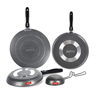 Sumeet NonStick Noir Cookware Set (Dosa Tawa - 26.5Cm Dia + Conceve/Roti Tawa - 28Cm Dia + Tapper pan - 0.6Ltr - 20Cm Dia + Waghariya/Tadka pan - 190Ml - 10Cm Dia)