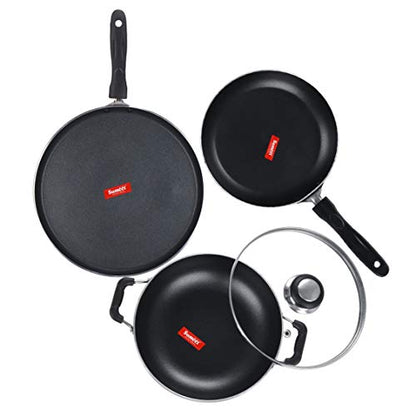 Sumeet NonStick Grey Cookware Set (Dosa Tawa - 26.5Cm Dia + Kadhai with Glass Lid -2Ltr - 22Cm Dia + Tapper pan - 0.6Ltr - 20Cm Dia)