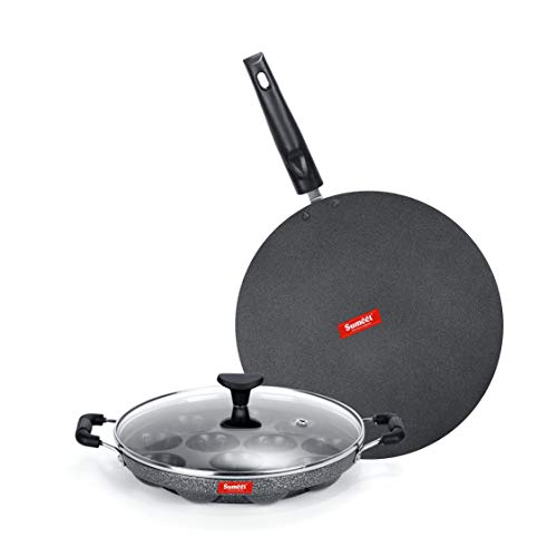 Sumeet NonStick Salapi Cookware Set (Flat Tawa - 30.5cm Dia + Grill Appam Patra with Glass Lid - 12 Cavity - 22cm Dia)