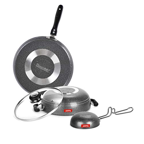 Sumeet NonStick Volafotsy Cookware Set (Dosa Tawa - 26.5Cm Dia + Kadhai with Glass Lid -2Ltr - 22Cm Dia + Waghariya/Tadka pan - 190Ml - 10Cm Dia)