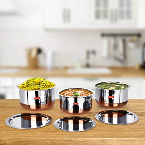 Sumeet Stainless Steel Copper Bottom 3Pc Big Size Tope Set with Lid (4.70L, 5.7Ltr, 6.7Ltr)