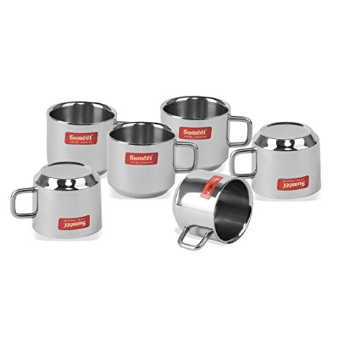 Sumeet Stainless Steel Double Wall Tea and Coffee Cups Set of 6Pcs (120 Ml Each)