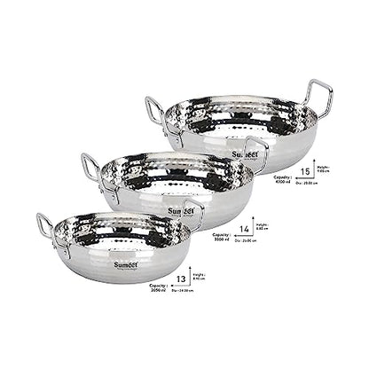 Sumeet Stainless Steel Handcrafted Hammered Mathar Kadai for Kitchen, 2850ML, 3550ML & 4200ML, 24cm, 26cm & 28cm Dia, Pack of 3, Silver