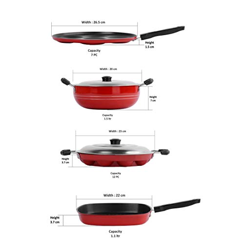 Sumeet 2.6mm Thick Non-Stick Homma Cookware Set (Multi Snack Maker – 26.5cm Dia + Kadhai with Lid – 1.5Ltr Capacity- 20cm Dia + Grill Appam Patra with Lid – 23cm Dia + Grill Pan – 1.1Ltr)