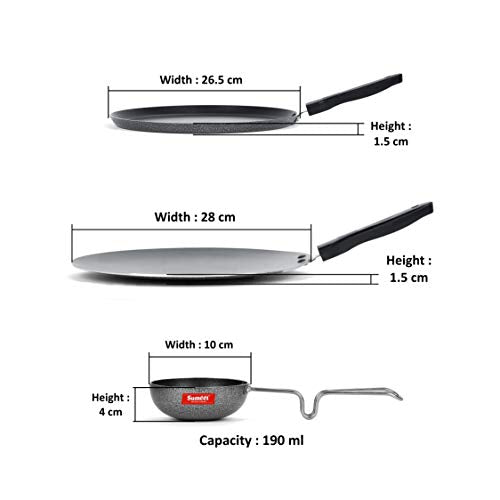 Sumeet NonStick Hiriwa Cookware Set (Dosa Tawa - 26.5Cm Dia + Conceve/Roti Tawa - 28Cm Dia + Waghariya/Tadka pan - 190Ml - 10Cm Dia)