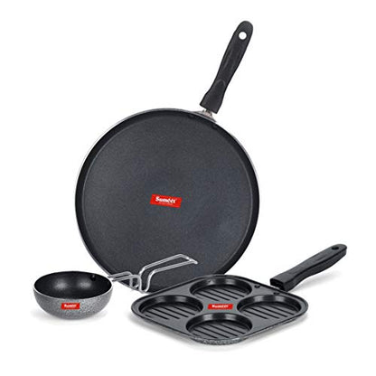 Sumeet NonStick Grijs Cookware Set (Dosa Tawa - 26.5Cm Dia + Mini Multi Snack Maker - 4 Cavity -19.5cm + Waghariya/Tadka pan - 190Ml - 10Cm Dia)