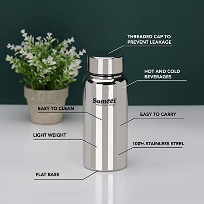 Sumeet Stainless Steel Jointless Akhand Leak-Proof Water Bottle / Fridge Bottle - 600ML Pack of 2, Silver