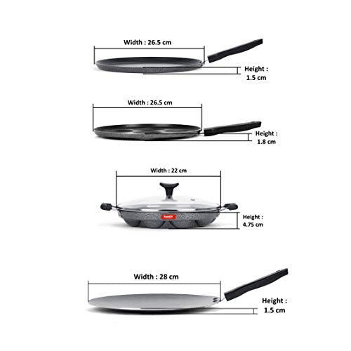 Sumeet NonStick Dubh Cookware Set (Dosa Tawa - 26.5Cm Dia + Multi Snack Maker - 7 Cavity - 26.5Cm Dia + Grill Appam Patra with Glass Lid - 12 Cavity - 22cm Dia + Conceve/Roti Tawa - 28Cm Dia)