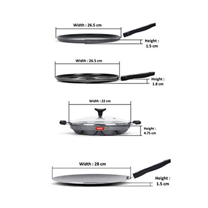 Sumeet NonStick Dubh Cookware Set (Dosa Tawa - 26.5Cm Dia + Multi Snack Maker - 7 Cavity - 26.5Cm Dia + Grill Appam Patra with Glass Lid - 12 Cavity - 22cm Dia + Conceve/Roti Tawa - 28Cm Dia)