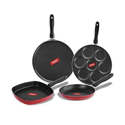 Sumeet 2.6mm Thick Non-Stick Merah Cookware Set (Dosa Tawa – 26.5cm Dia + Multi Snack Maker – 26.5cm Dia + Grill Pan – 1.1Ltr Capacity – 22cm Dia + Tapper pan – 20cm Dia)