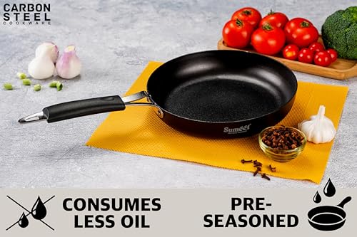 Sumeet Super Smooth Pre Seasoned Carbon Steel (Iron) Fry Pan for Frying, Roasting, Saute|Naturally Nonstick |25cm | 2000ml, Gas & Induction-Friendly, Black