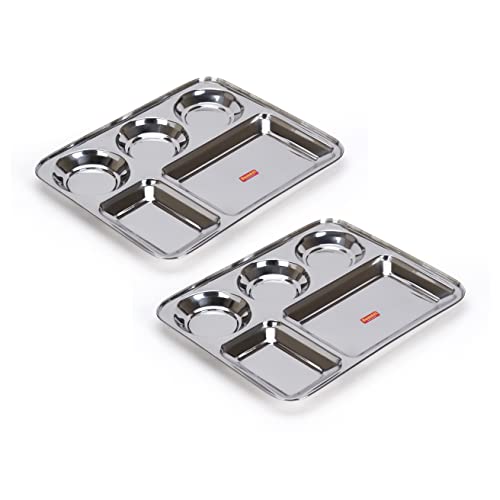 Sumeet Stainless Steel Rectangular 5 in 1 Compartment Lunch / Dinner Plate Set of 2Pcs, 33.5cm Dia, Silver