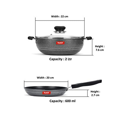 Sumeet NonStick Kumush Cookware Set (Kadhai with Glass Lid -2Ltr - 22Cm Dia + Tapper pan - 0.6Ltr - 20Cm Dia)