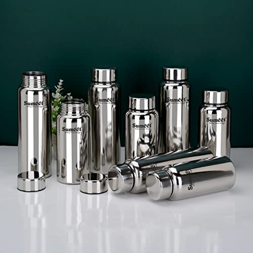 Sumeet Stainless Steel Jointless Akhand Leak-Proof Water Bottle / Fridge Bottle Set 800ML and 600ML - Pack of 8, Silver