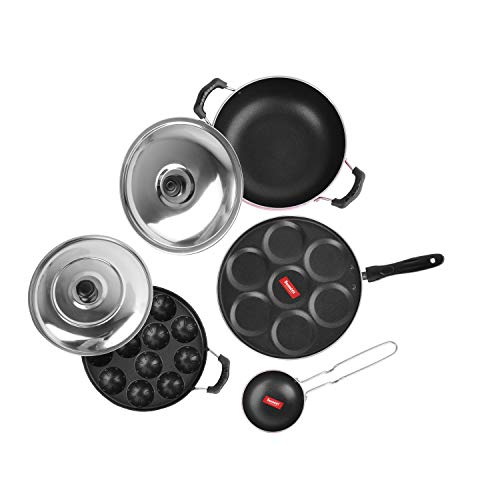 Sumeet 2.6mm Thick Non-Stick Ulaan Cookware Set (Multi Snack Maker – 26.5cm Dia + Kadhai with Lid – 1.5Ltr Capacity- 20cm Dia + Grill Appam Patra with Lid – 23cm Dia + Tadka Pan – 10cm Dia)