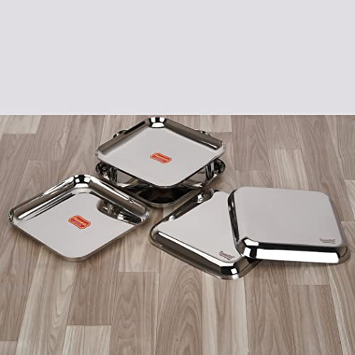 Sumeet Stainless Steel Medium Square Shape Plate/Snacks Plate/Breakfast Plate Set of 6pcs, 17.5cm Dia, Silver